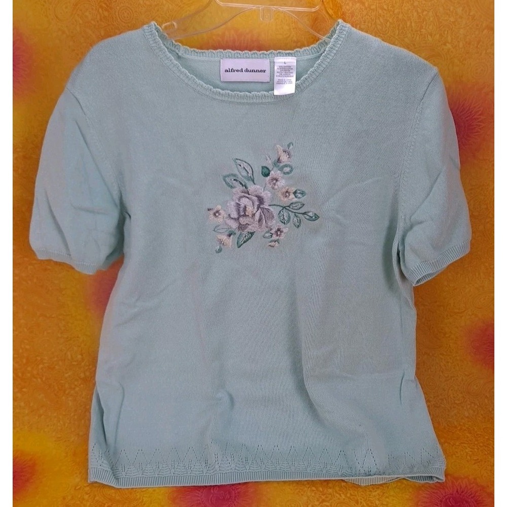 Alfred Dunner Pullover Floral Embroidered Lightweight Green Sweater Size Large